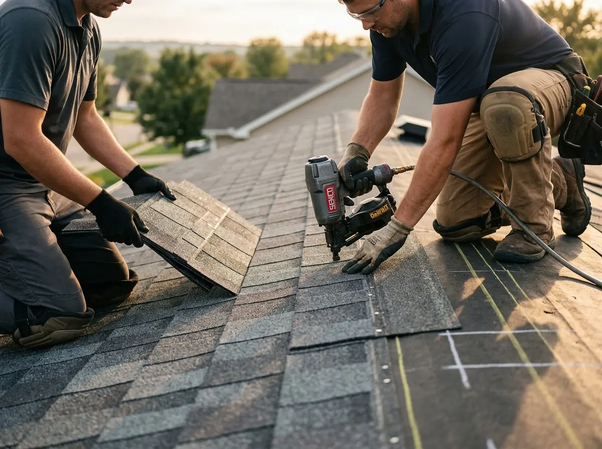 Professional roofer working on a residential roof in Wauconda